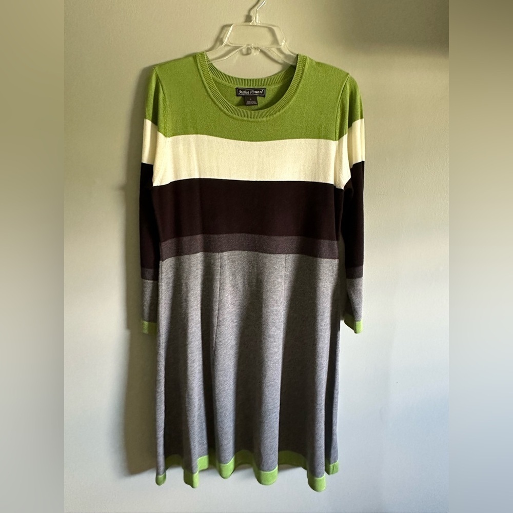 Jessica Howard Green Colorblock  Long Sleeve Cozy Sweater  A-line Dress sz large